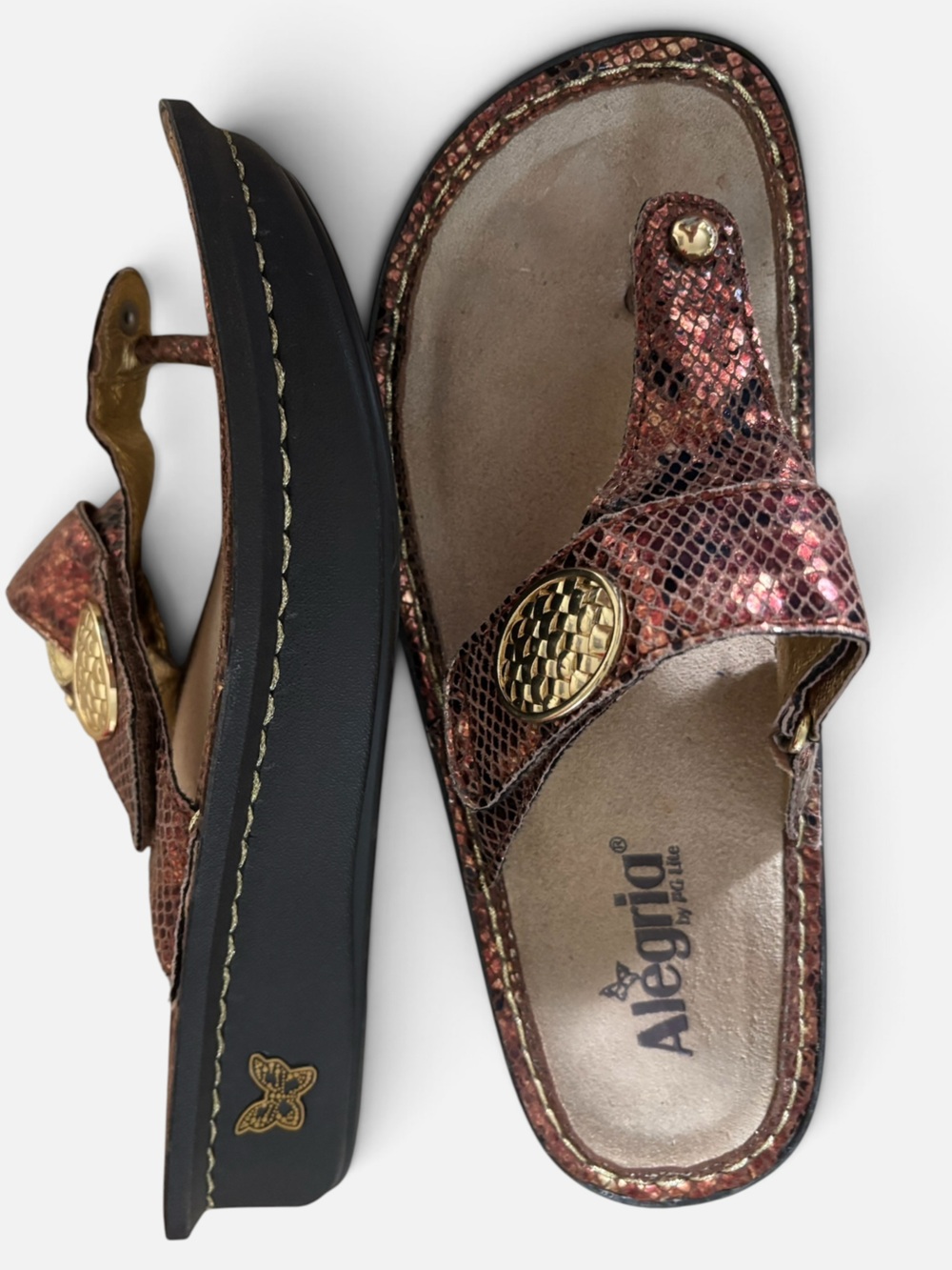 Alegria Carina Roman Rose Gold Bronze Snakeskin Leather Thong Wedge Sandals 38